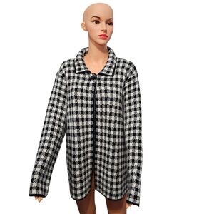 Bianca G Wool Blend Made In Italy Black/White Buffalo Check Knit Cardigan Sz XL